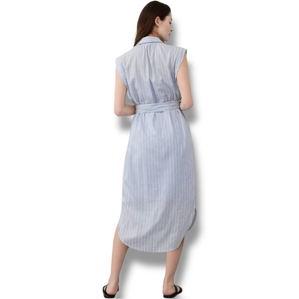 Banana Republic New W/ Tags Dark Blue Button Down Collared Tie Waist Midi Dress - Picture 2 of 16